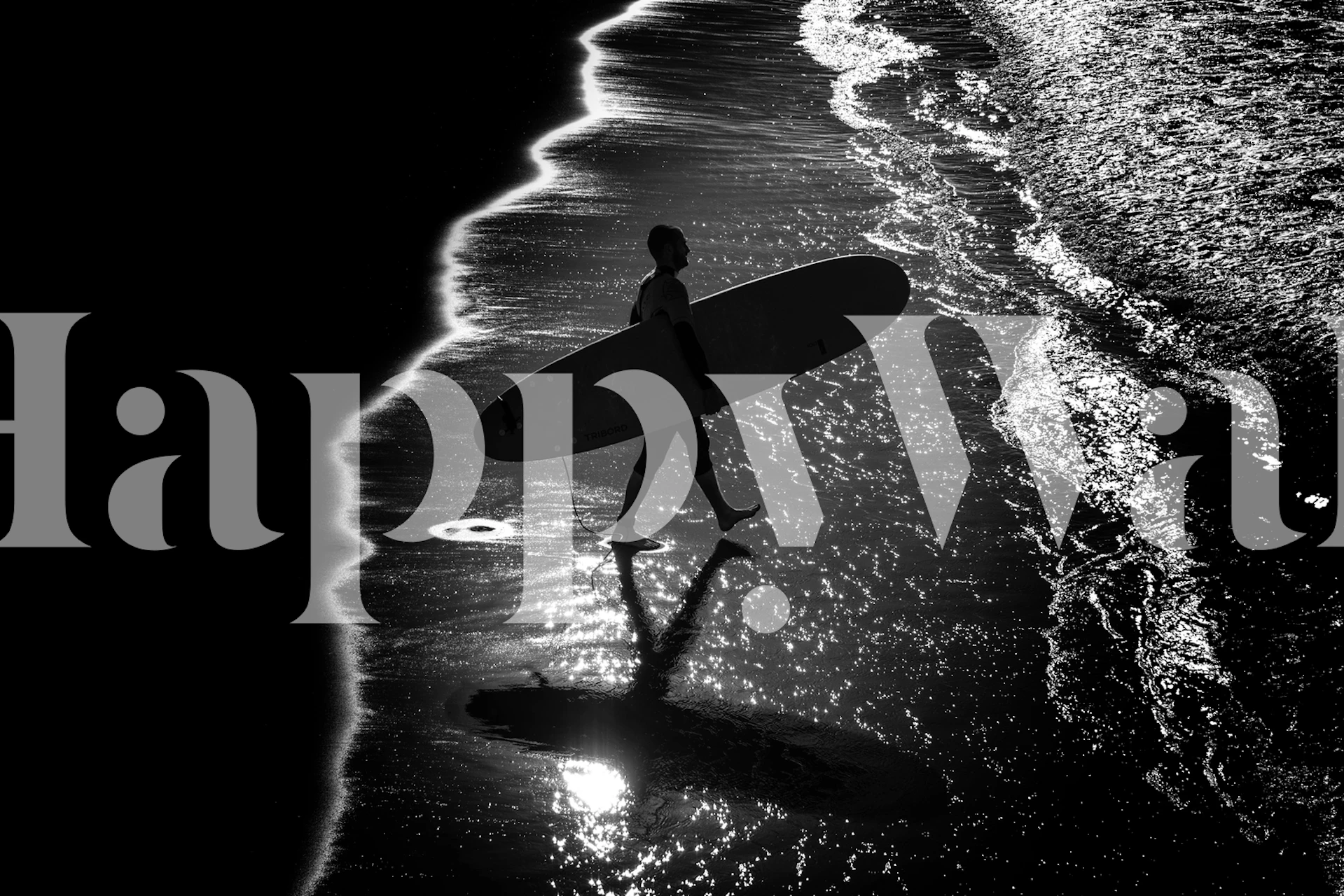 Monokrom surfer silhuet tapet med glitrende kystvand