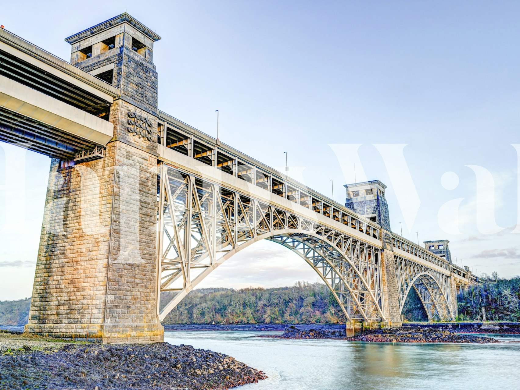 Britannia Bridge over the water with stone and steel details wallpaper