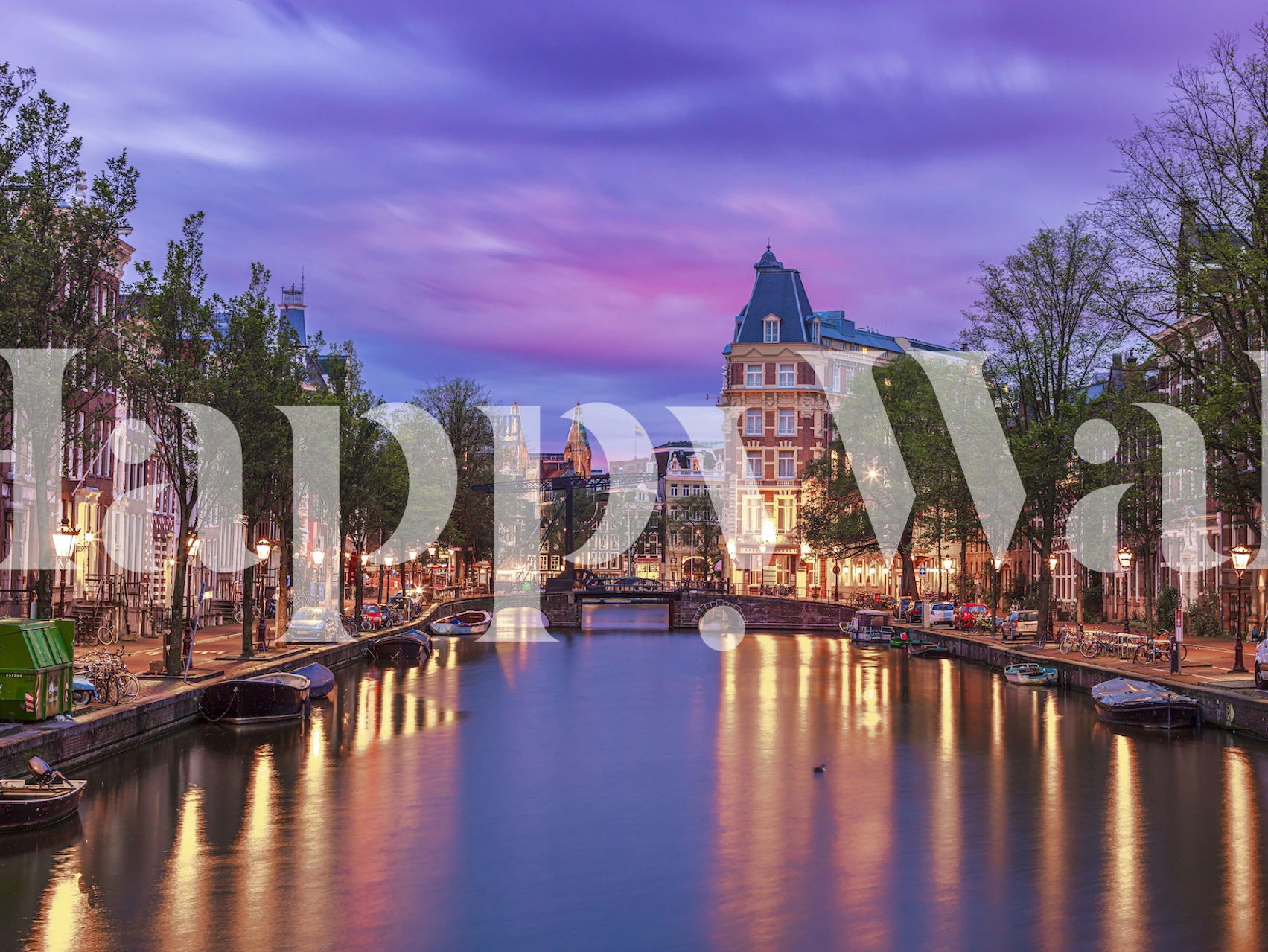 Amsterdam evening river canal with reflections and buildings wallpaper