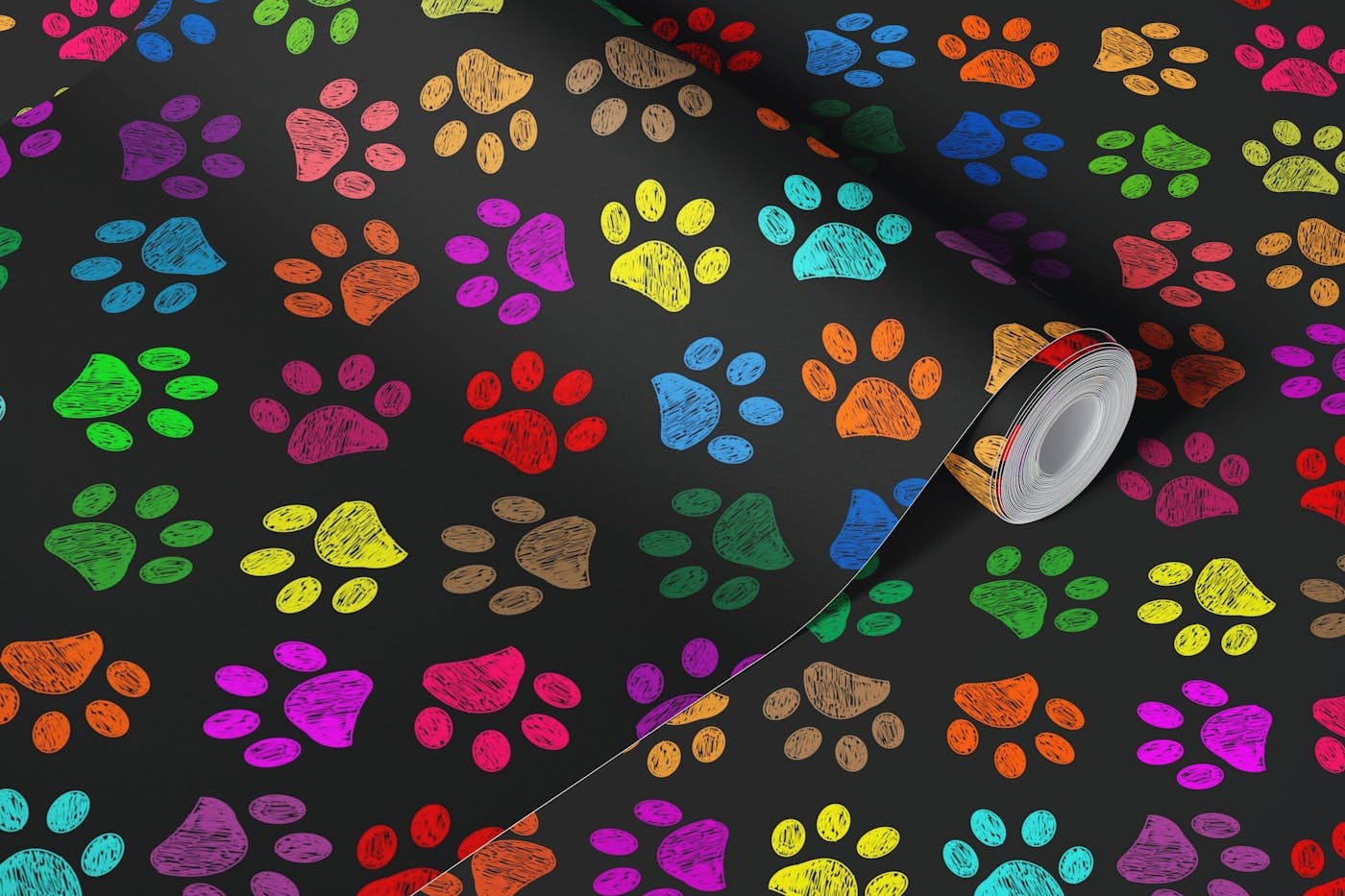 Colorful paw prints with black background wallpaper roll