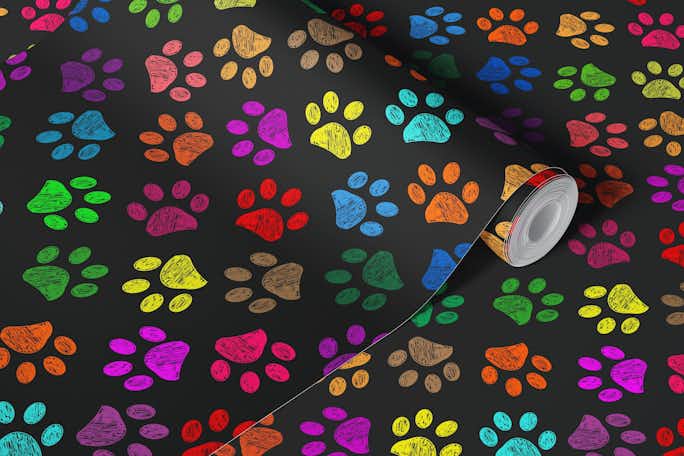 Colorful paw prints with black backgroundwallpaper roll
