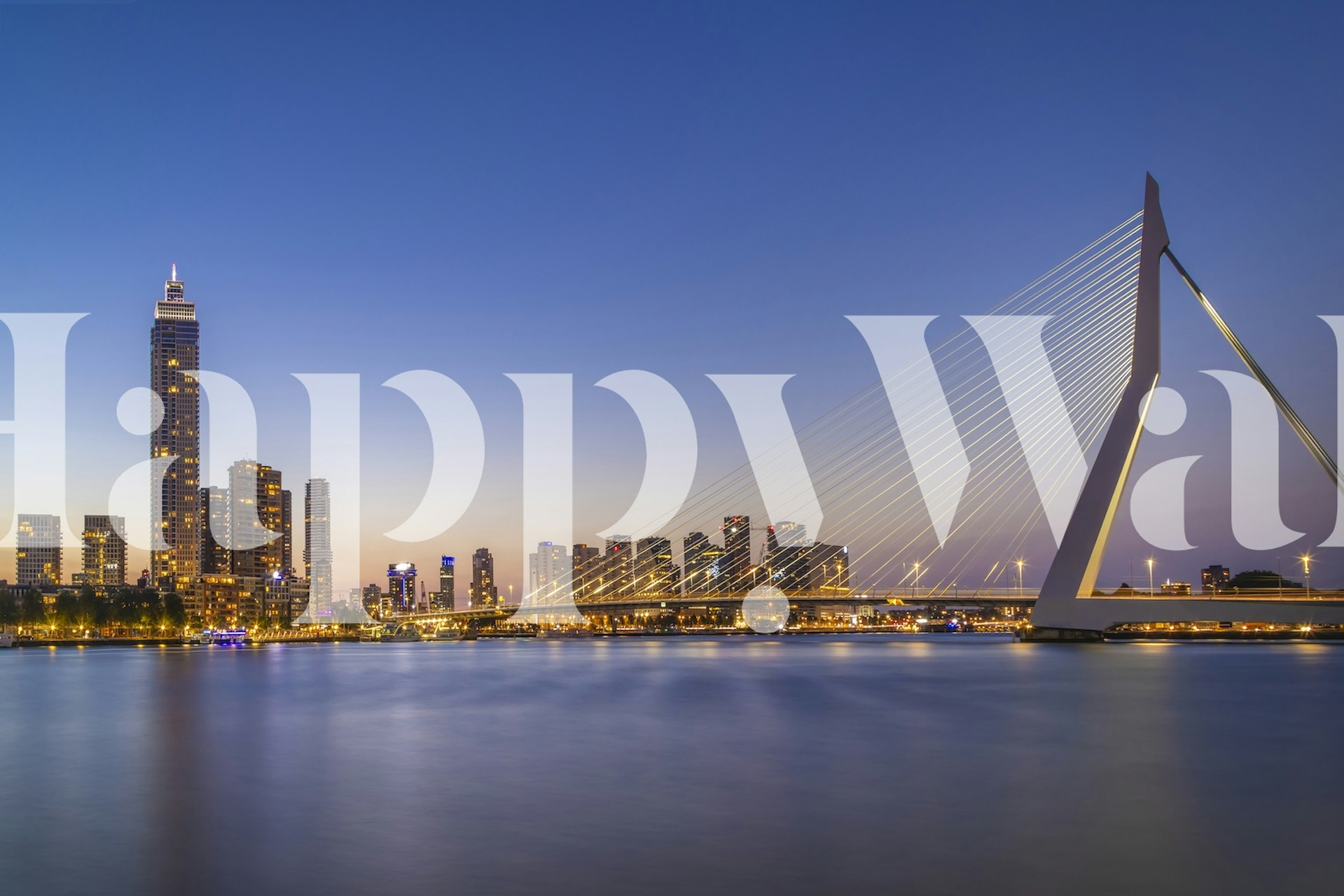Wall mural of Erasmus Bridge and Rotterdam skyline at dusk with reflective waters