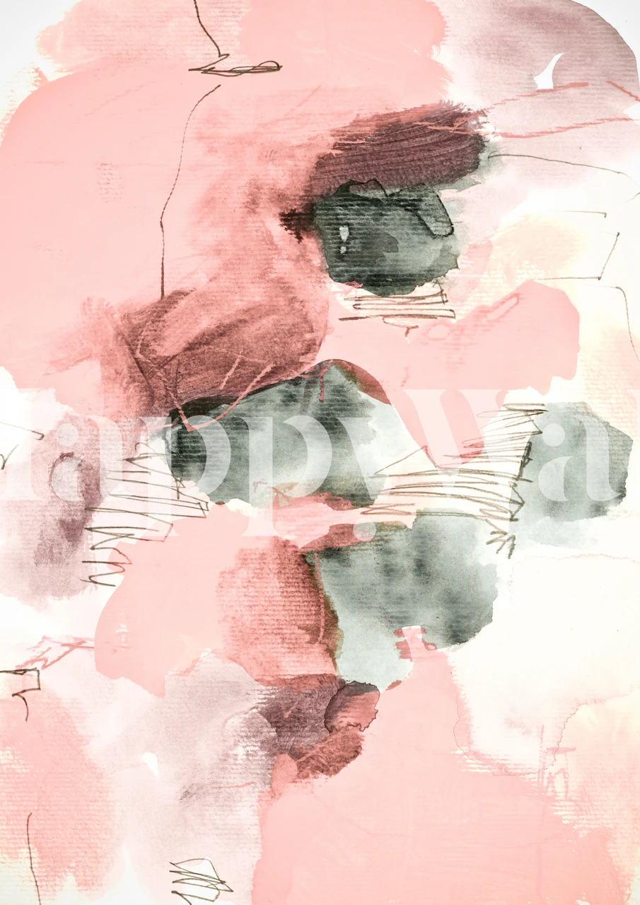 Mural de parede abstrato em tons pastéis suaves com tons de blush, creme e verde suave