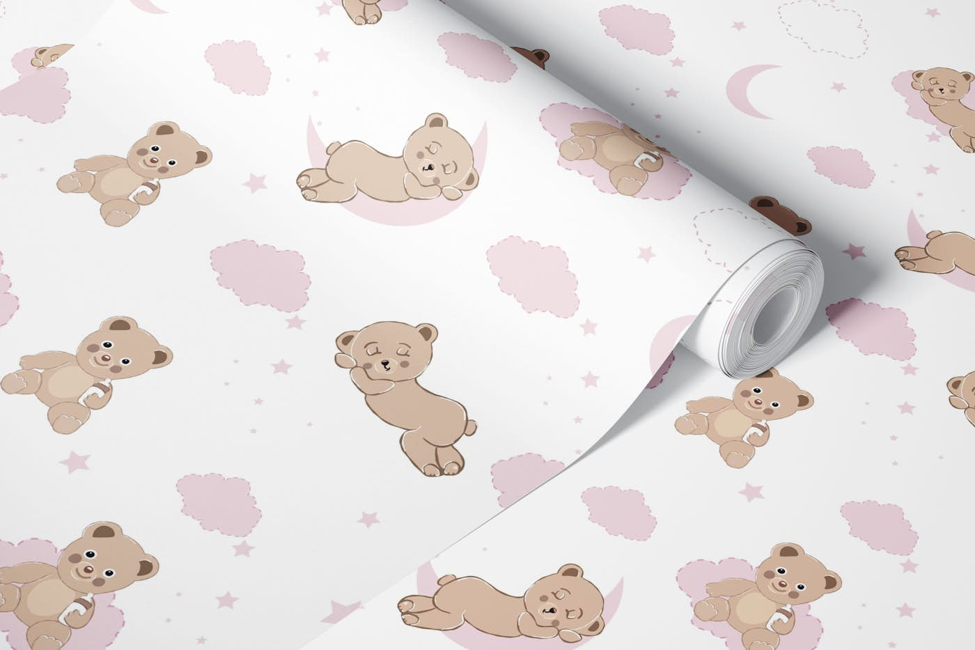 Cute bears with clouds pink wallpaper roll