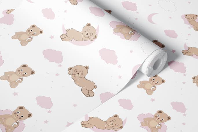 Cute bears with clouds pinkwallpaper roll