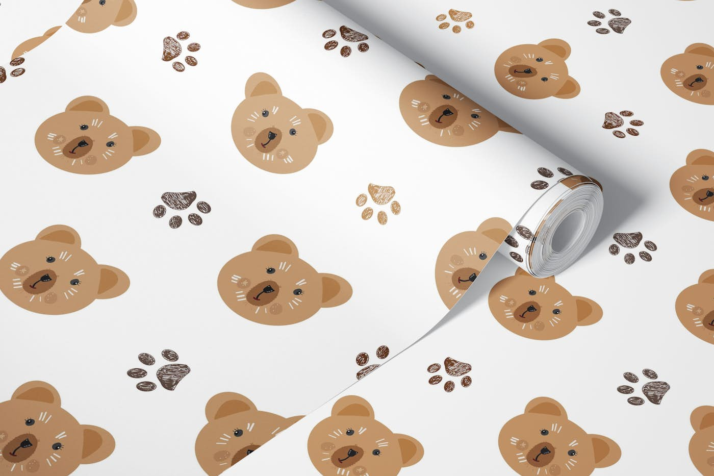 Brown doodle paw print and teddy bear pattern wallpaper roll