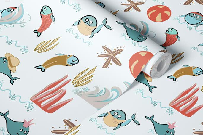 Cute whales patternwallpaper roll