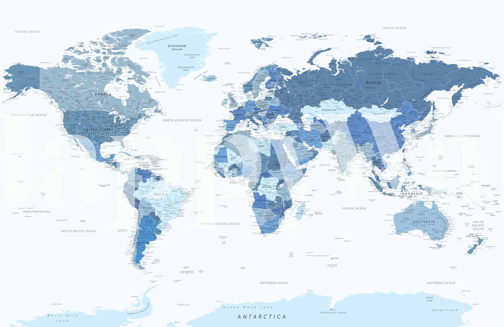 Detailed world map in various shades of blue wallpaper
