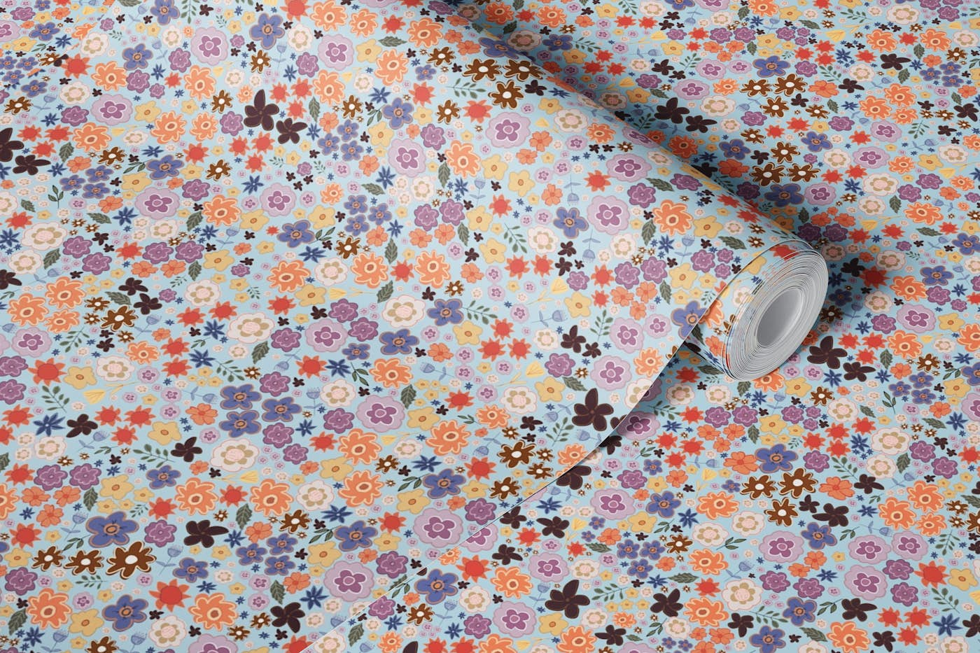 Ditsy cute floral pattern blue pattern wallpaper roll