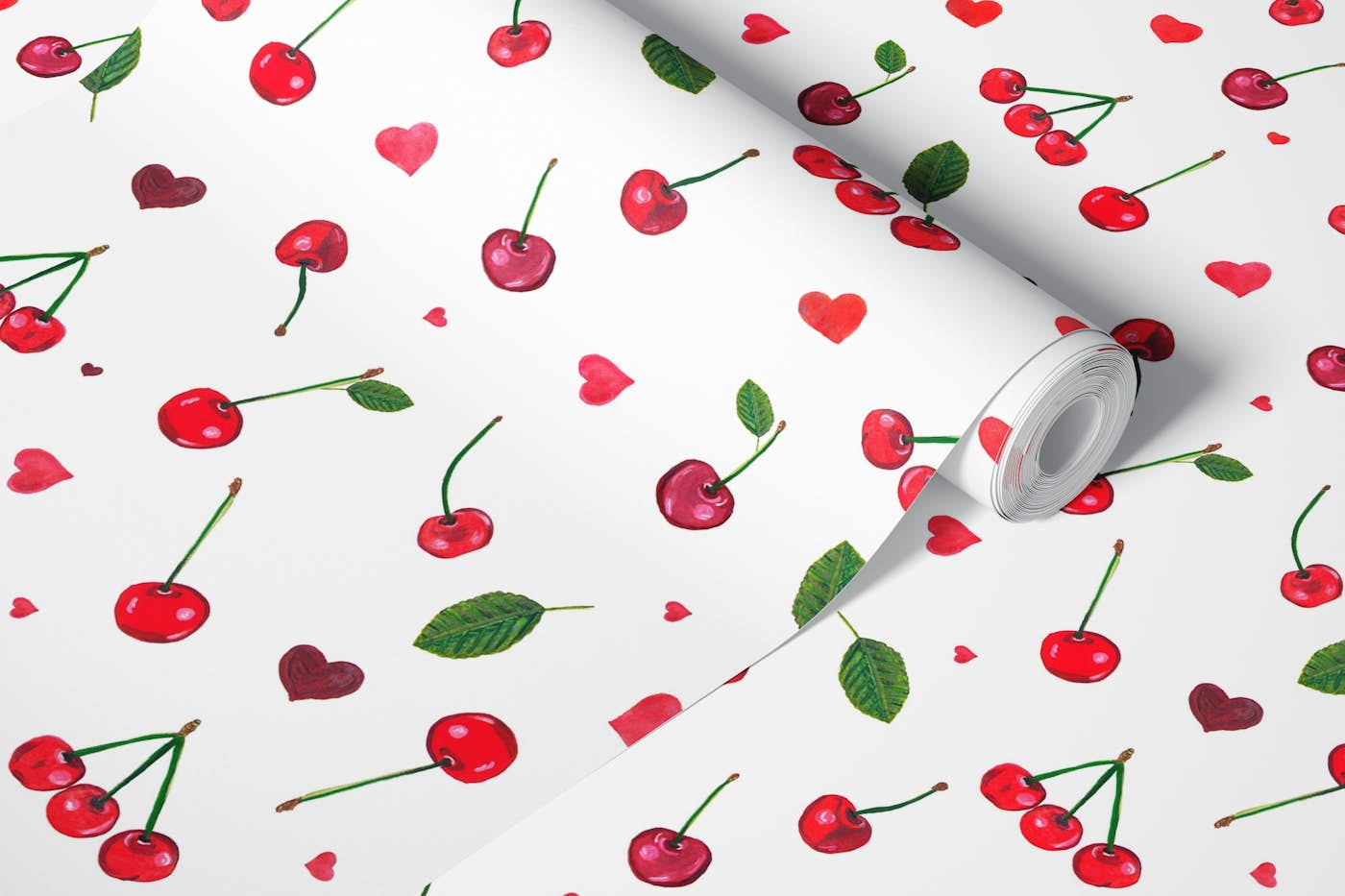 Cherries and cute red hearts white wallpaper roll