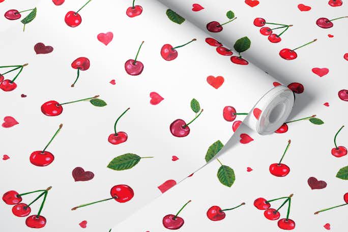 Cherries and cute red hearts whitewallpaper roll
