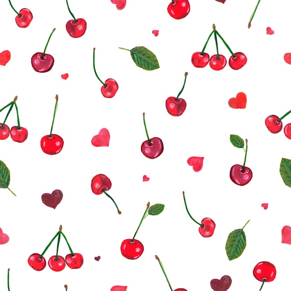 Cherries and cute red hearts white