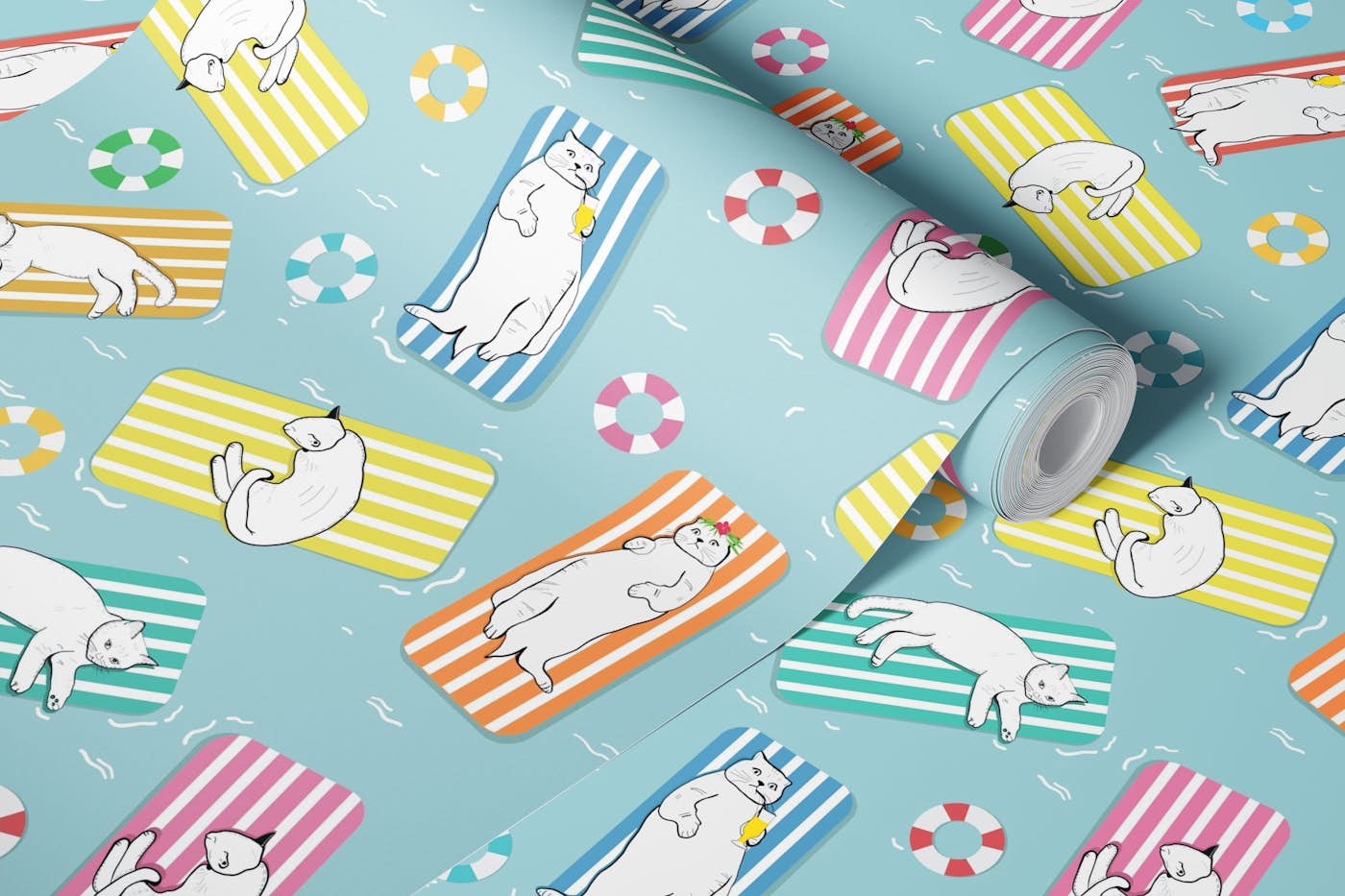 Funny cats sunbathing pattern wallpaper roll