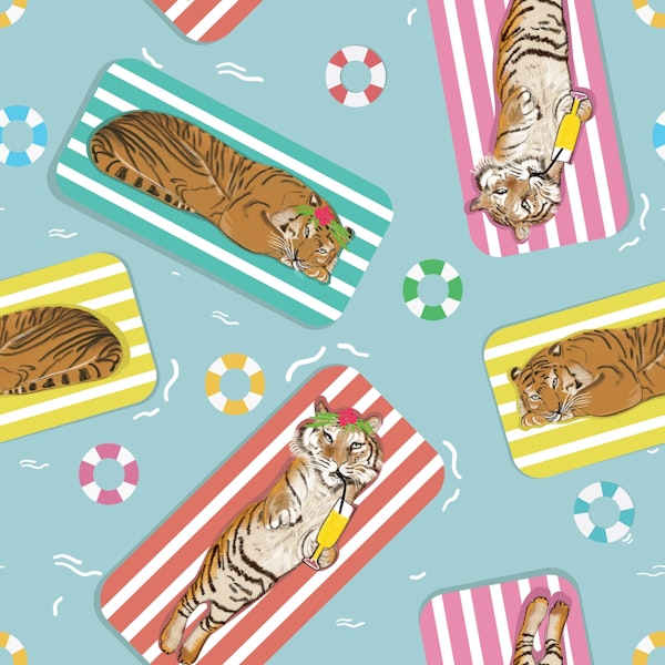 Funny tigers sunbathing on the sea