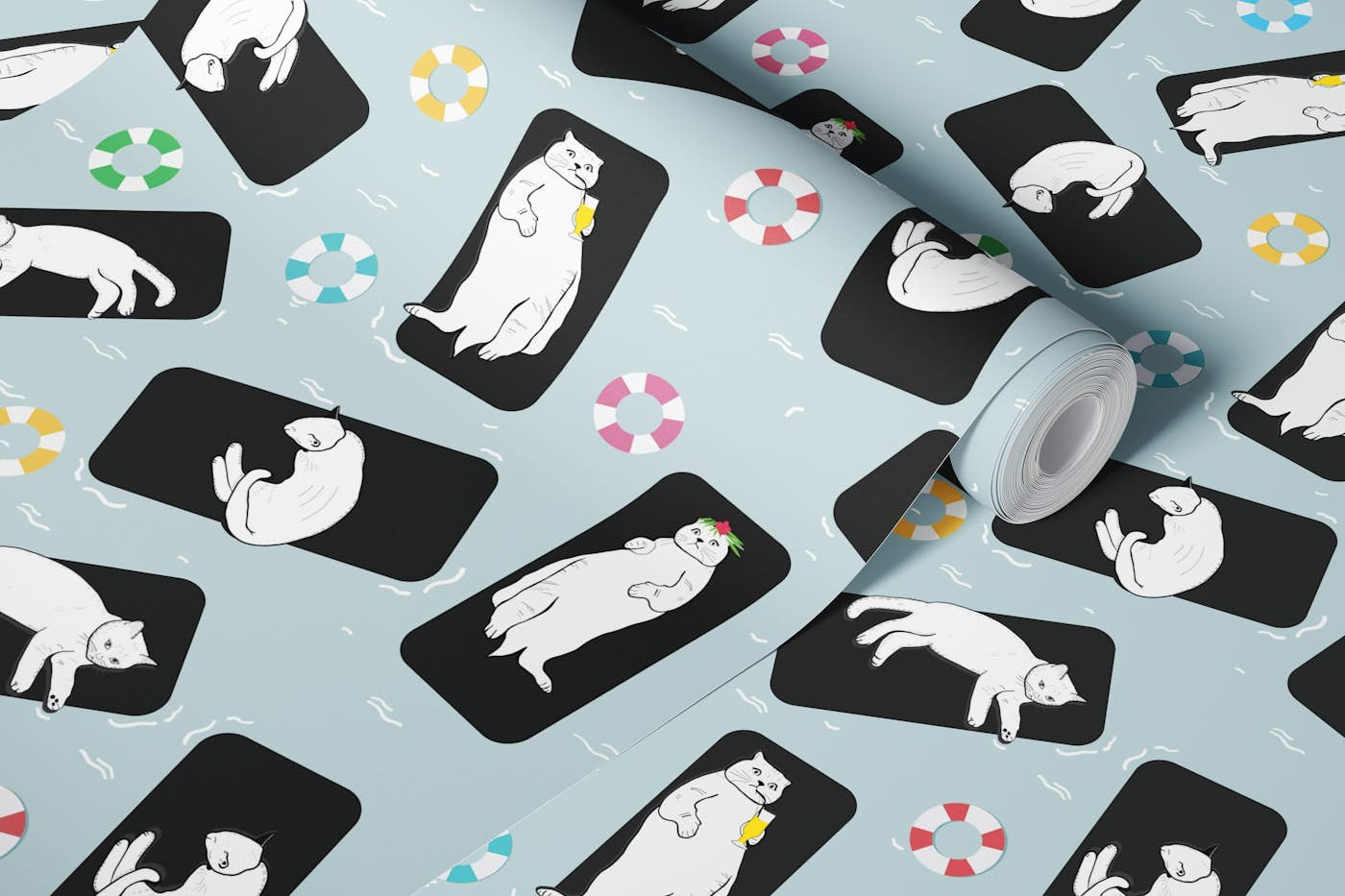 Hand drawn funny cats sunbathing on the sea wallpaper roll