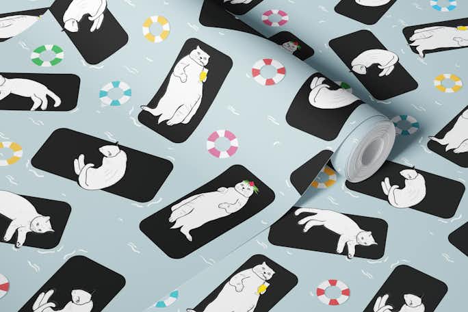 Hand drawn funny cats sunbathing on the seawallpaper roll