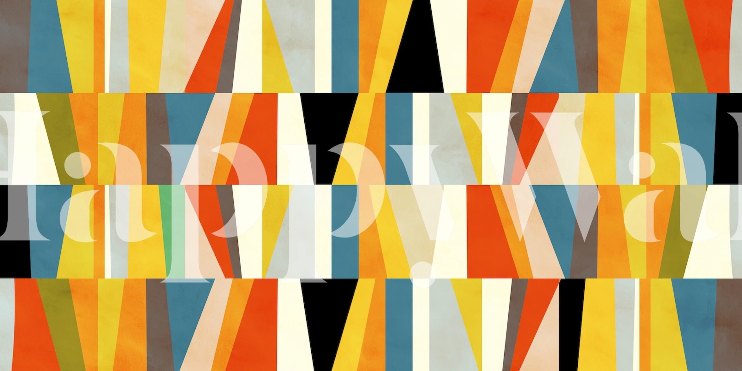 Colorful geometric striped wallpaper in orange, blue, yellow, black, and white.