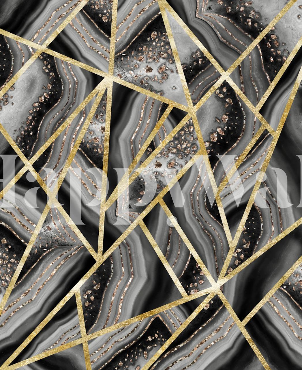 Luxurious wall mural featuring black agate stone pattern with gold lines and silver-grey veins.