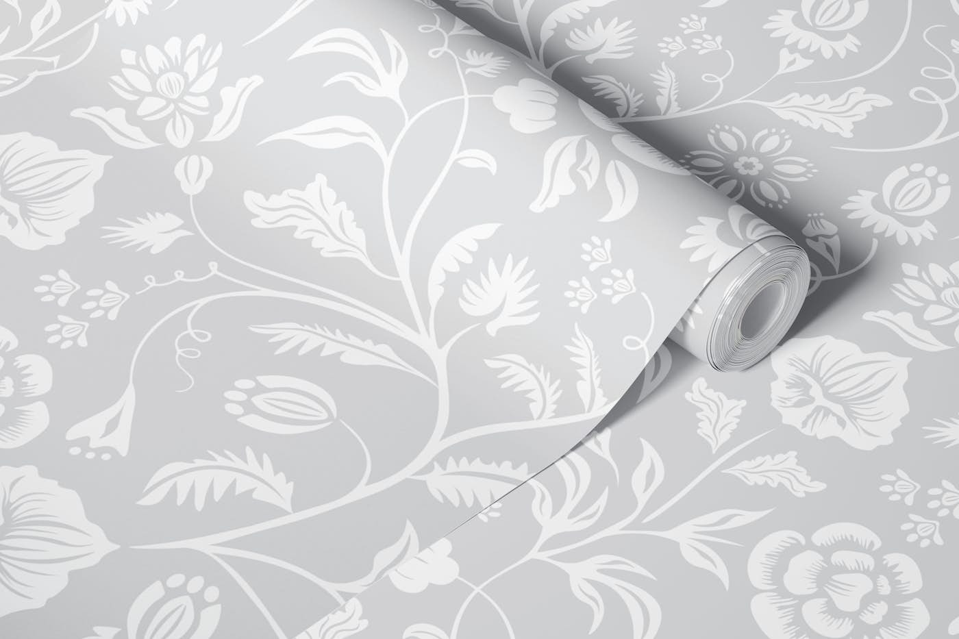 Damask Floral Art Nouveau White on Light Grey wallpaper roll