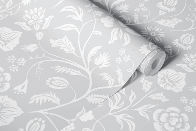 Damask Floral Art Nouveau White on Light Greywallpaper roll