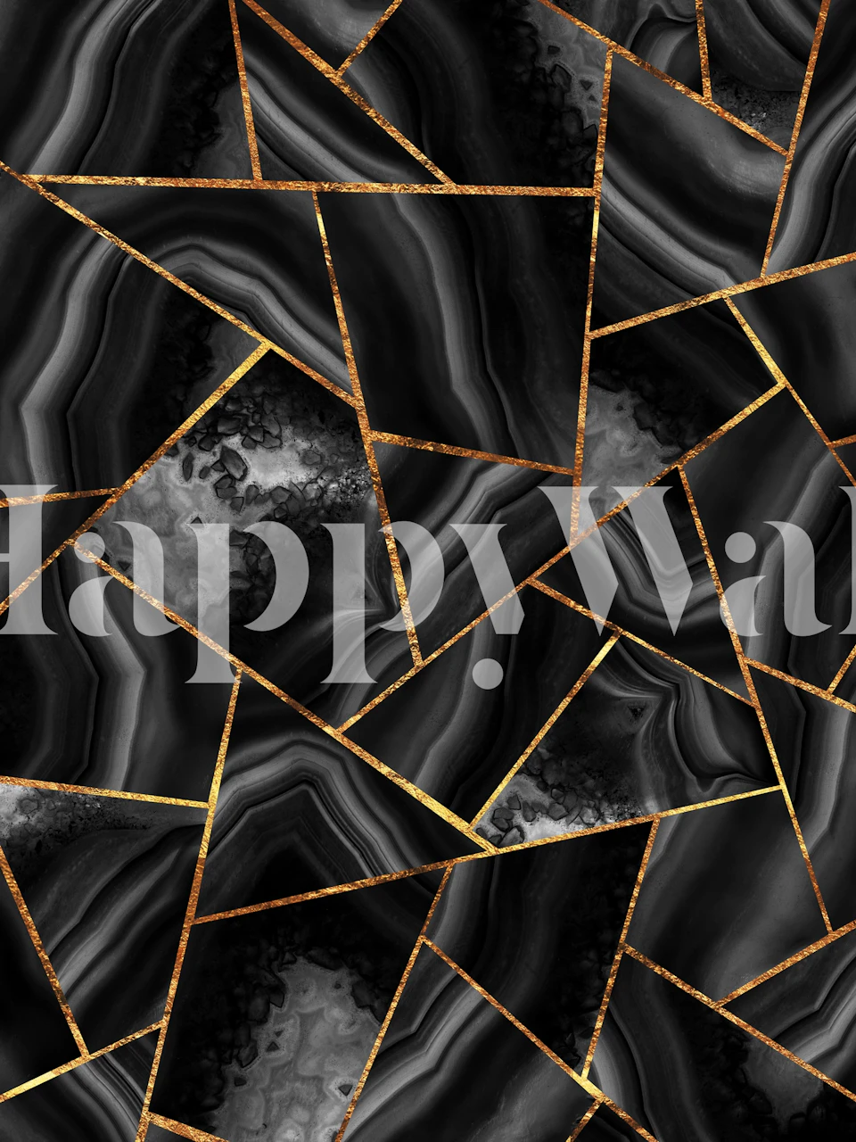 Ylellinen musta akaattikuvio kultaisilla viivoilla seinämaalauksella