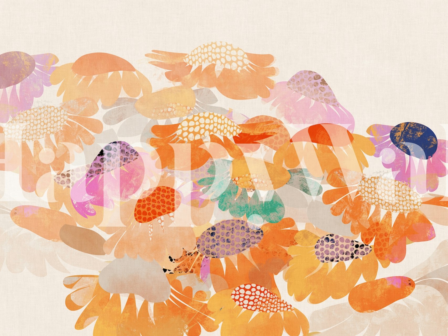 Vibrant painted summer flowers wallpaper in a room