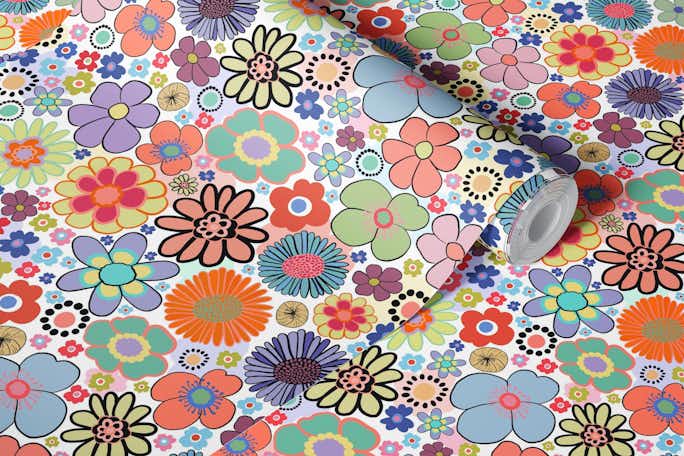 Modern Vintage cute colorful flowers patternwallpaper roll