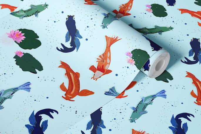 Koi fishes sea creatures blue patternwallpaper roll