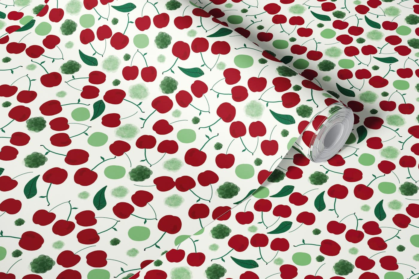 Cherries with shining dots and leaves pattern wallpaper roll