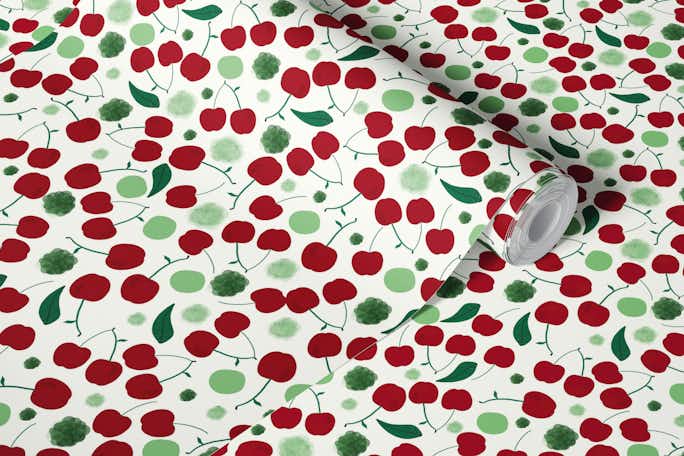 Cherries with shining dots and leaves patternwallpaper roll