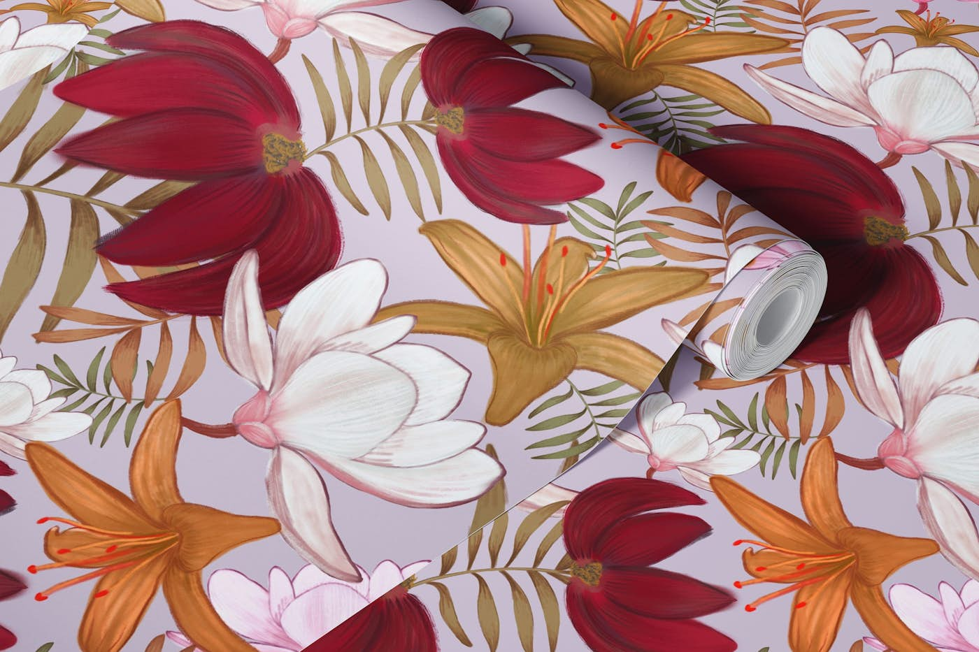 Oil paint tropical flowers hand drawn wallpaper roll