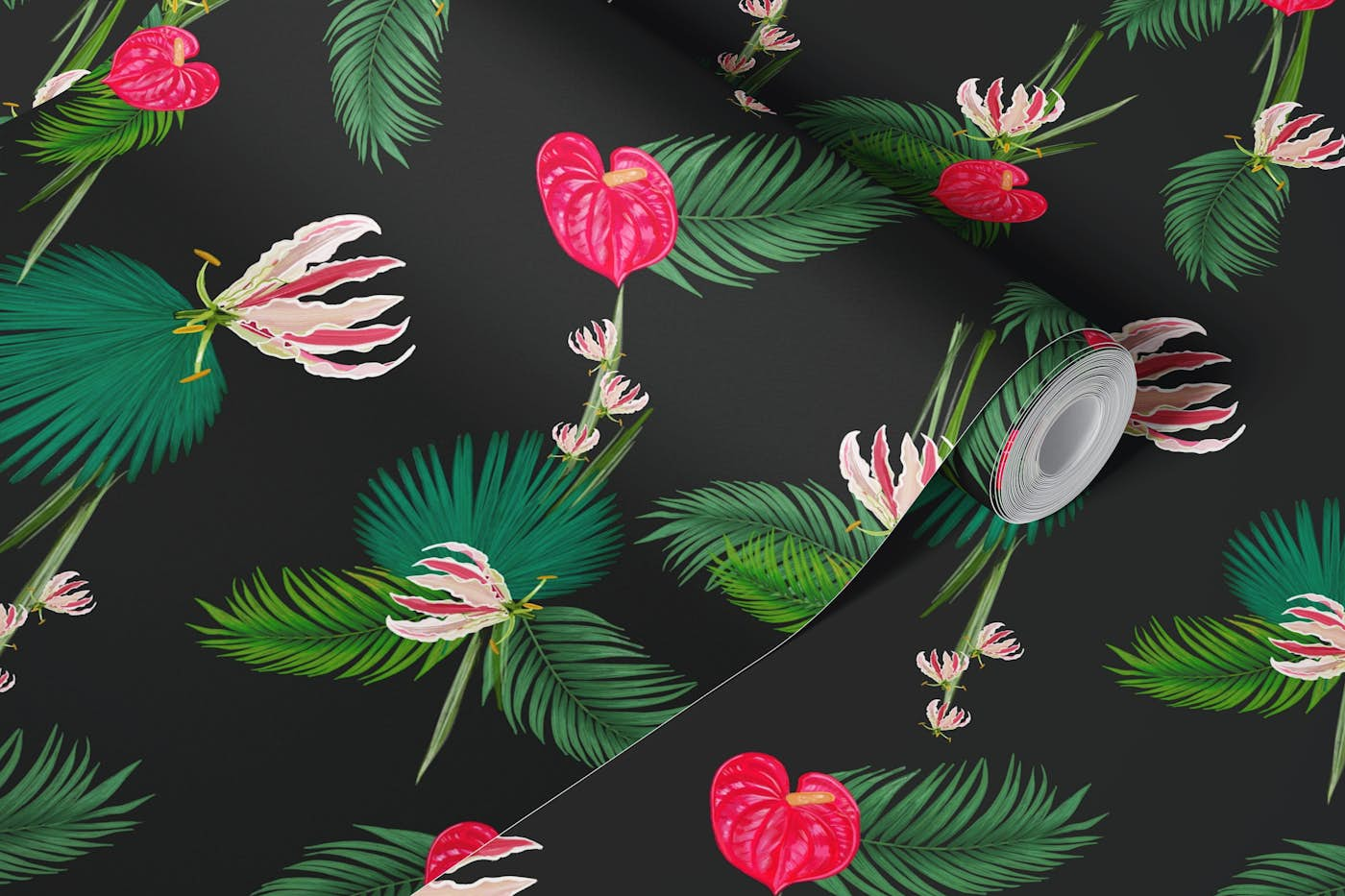 Hand drawn tropical flowers wallpaper roll