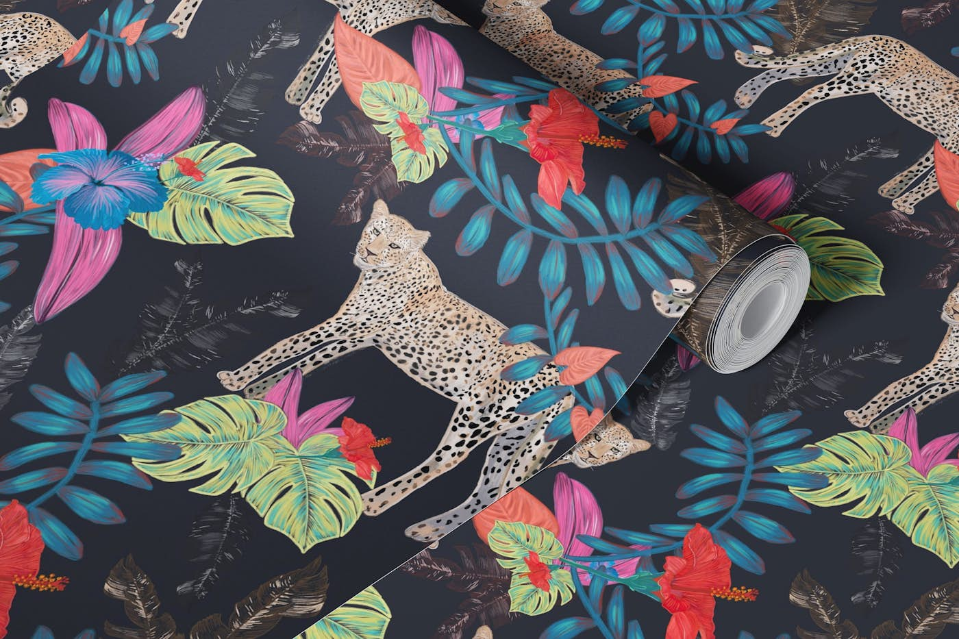 Hand drawn leopard colorful tropical leaves wallpaper roll