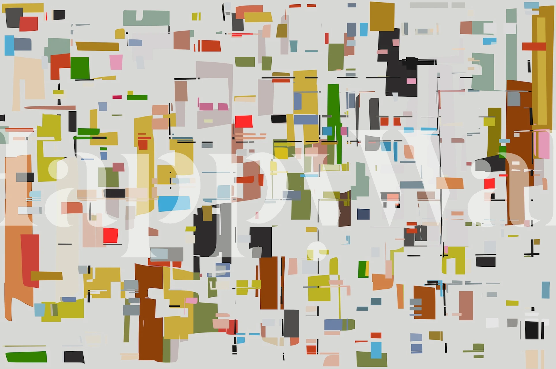 Muurschildering met abstracte geometrische stukken in verschillende kleuren