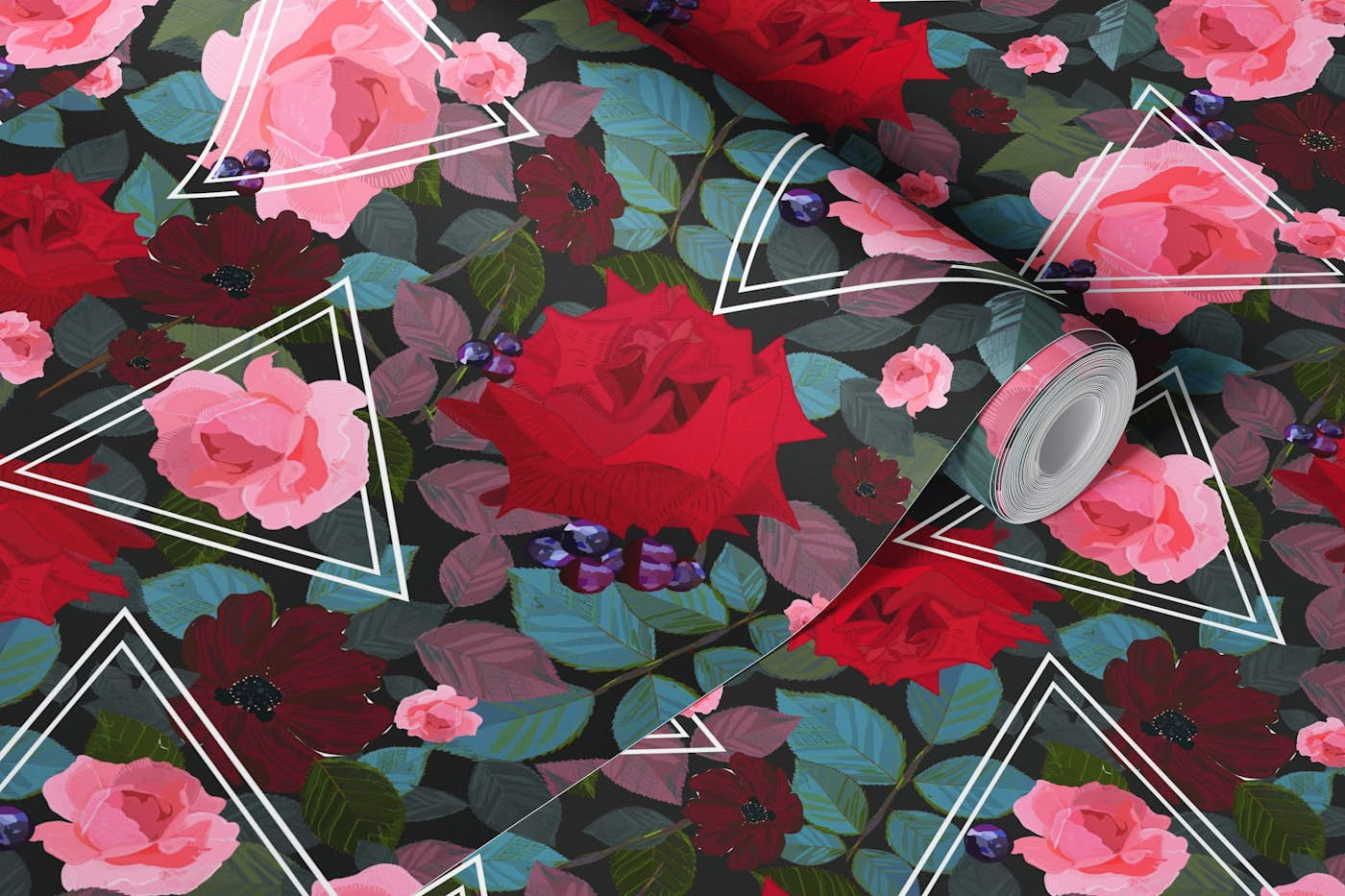 Triangles with vintage red pink roses wallpaper roll