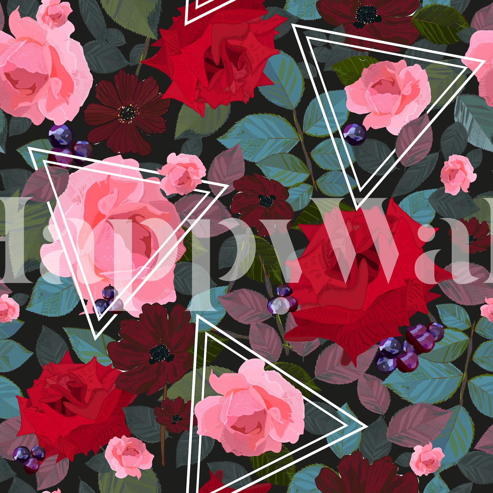 Pink Floral Wallpaper with Geometric Triangles
