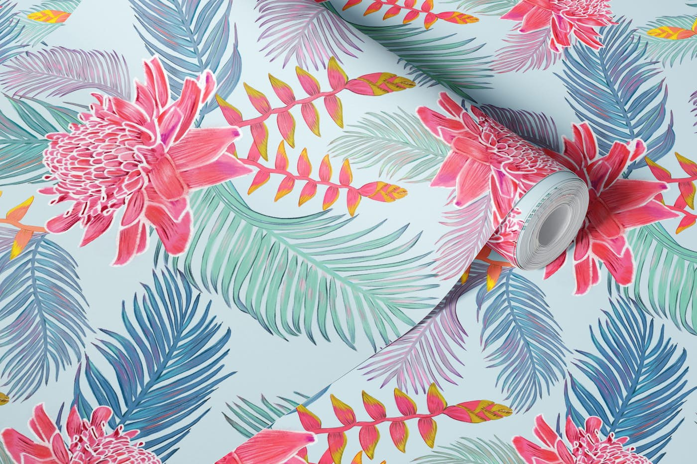 Ginger flower and palm leaves wallpaper roll