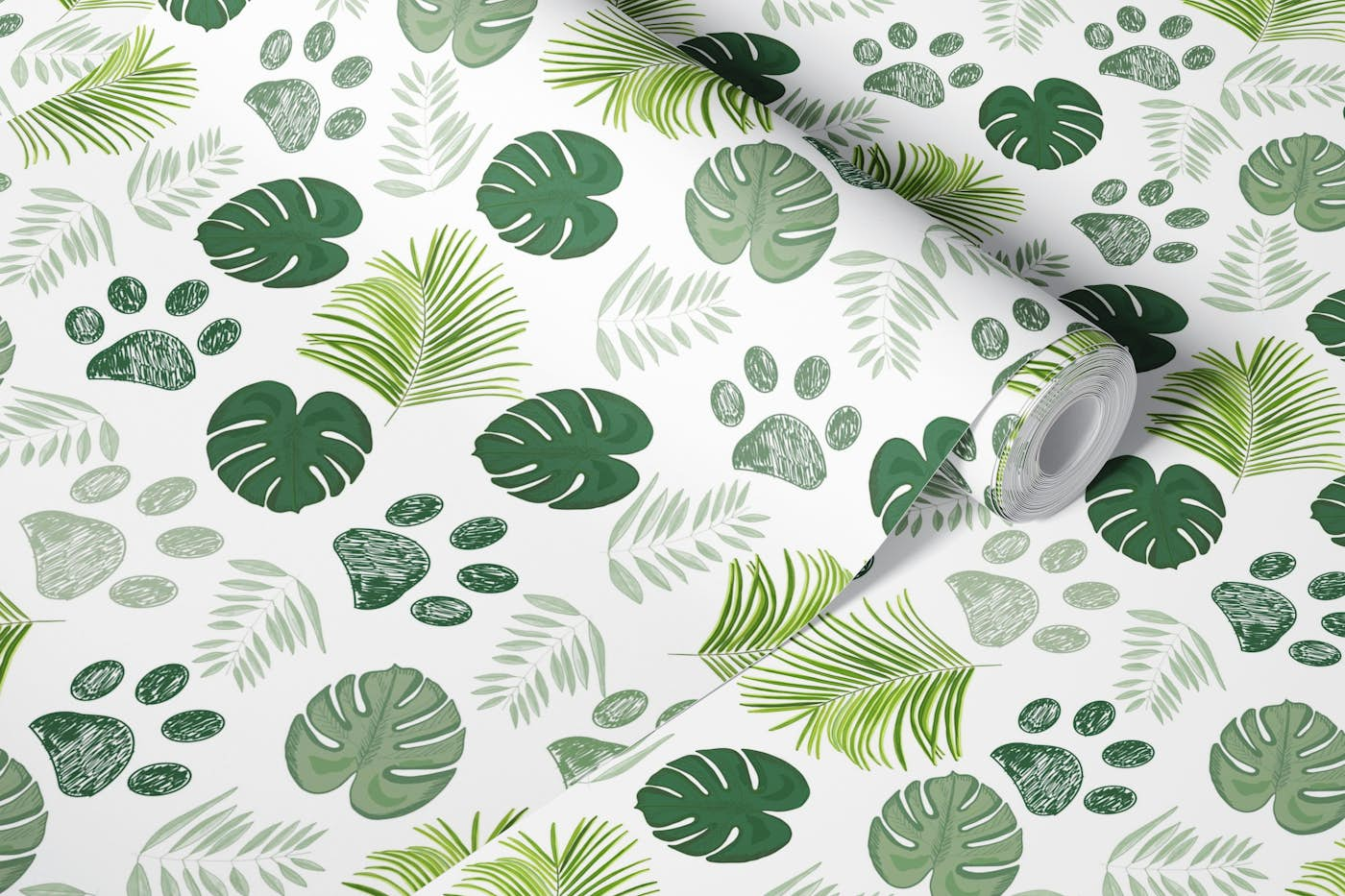 Paw print with palm leaves wallpaper roll