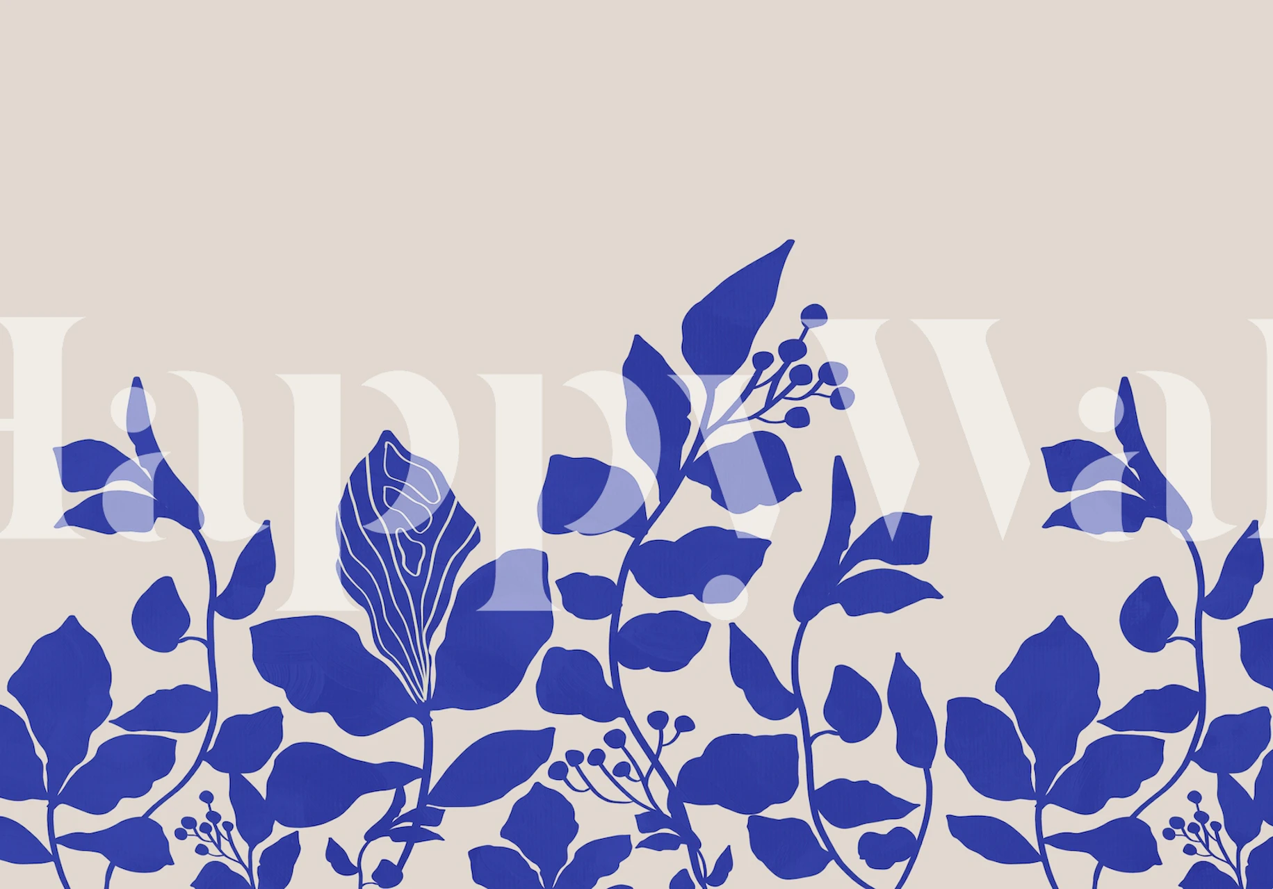 Blue floral patterns with leaves on a beige background wallpaper