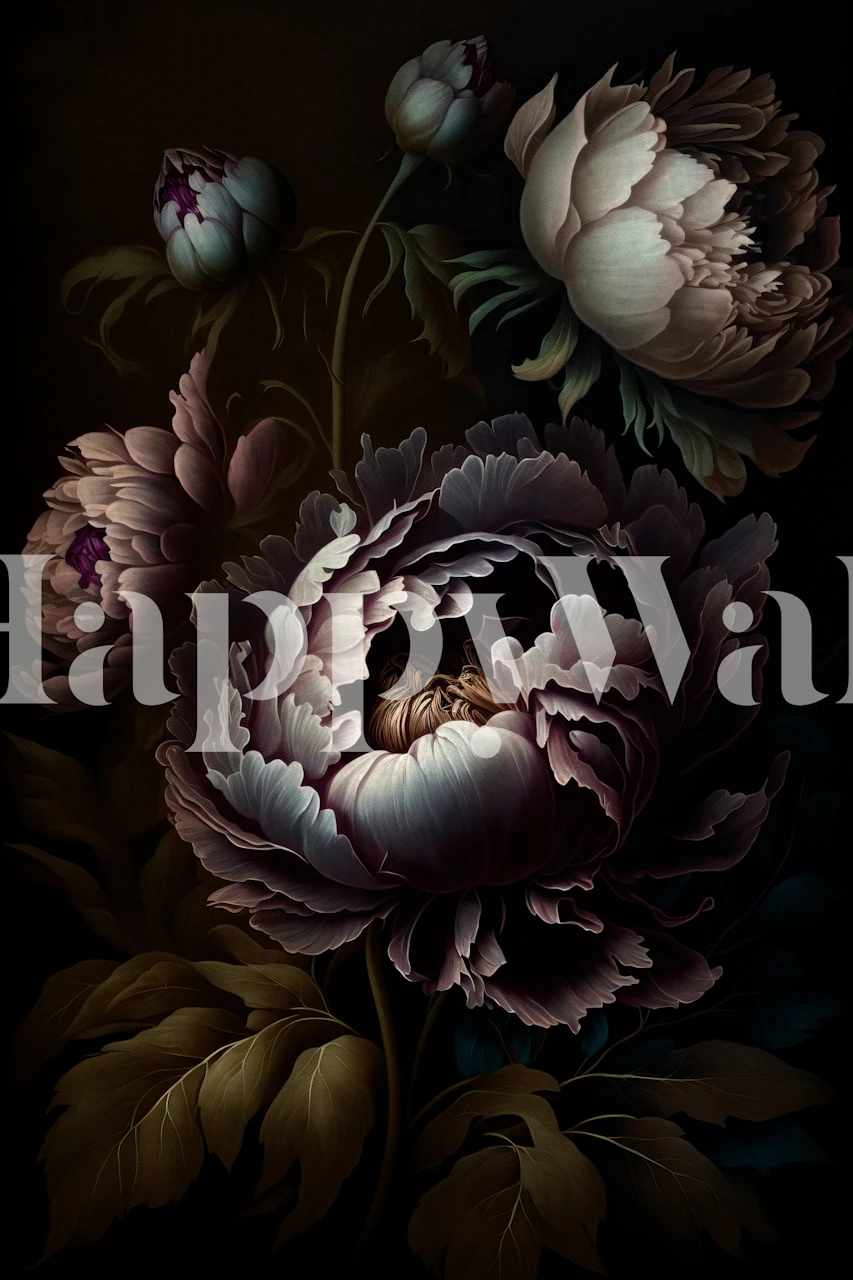 Midnight moody floral wallpaper in a room