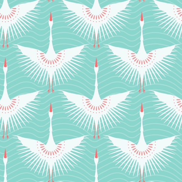 Flying Cranes Art Deco Birds Migration Cool Mint