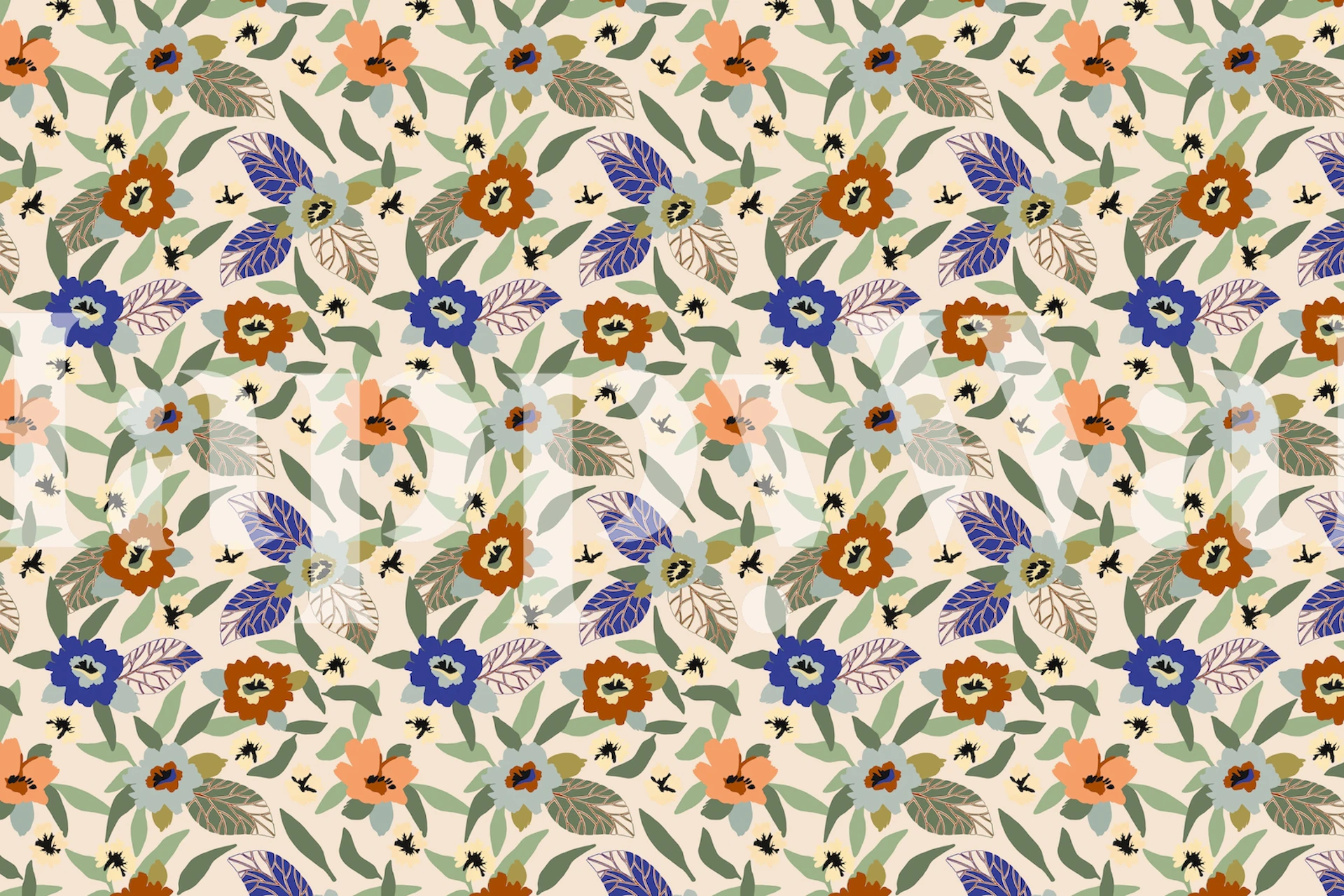 Colorful floral pattern wallpaper featuring blue, orange, and green motifs
