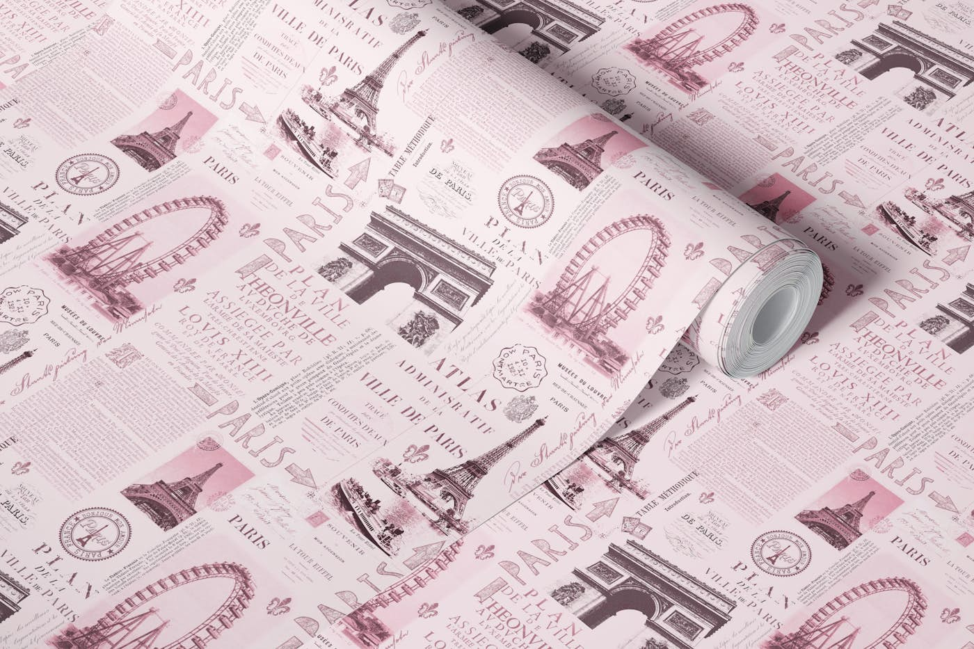 Vintage Paris Nostalgia Collage Pink wallpaper roll