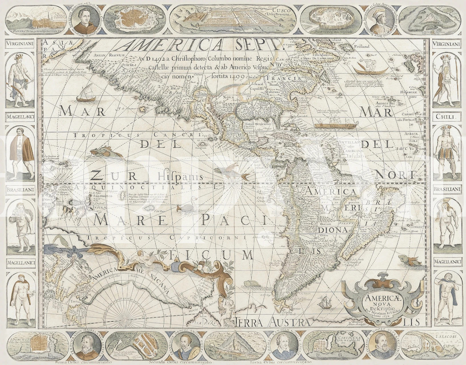 Antique world map design featuring detailed illustrations and vintage colors wallpaper