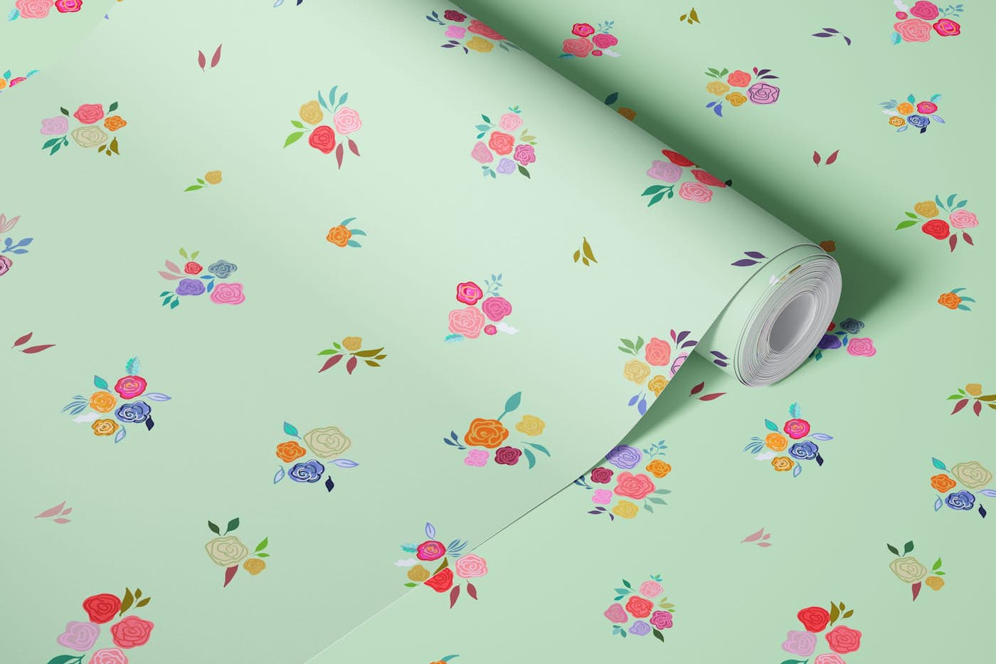 Pretty florals trend ditsy flowers green background wallpaper roll