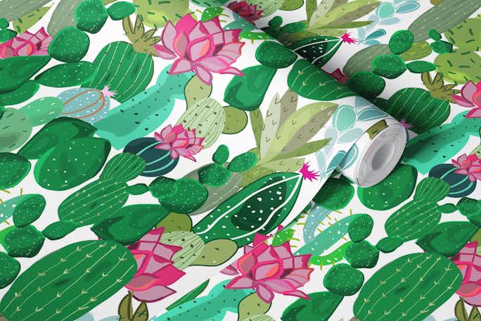 Cactus and succulent with tropical flowerswallpaper roll