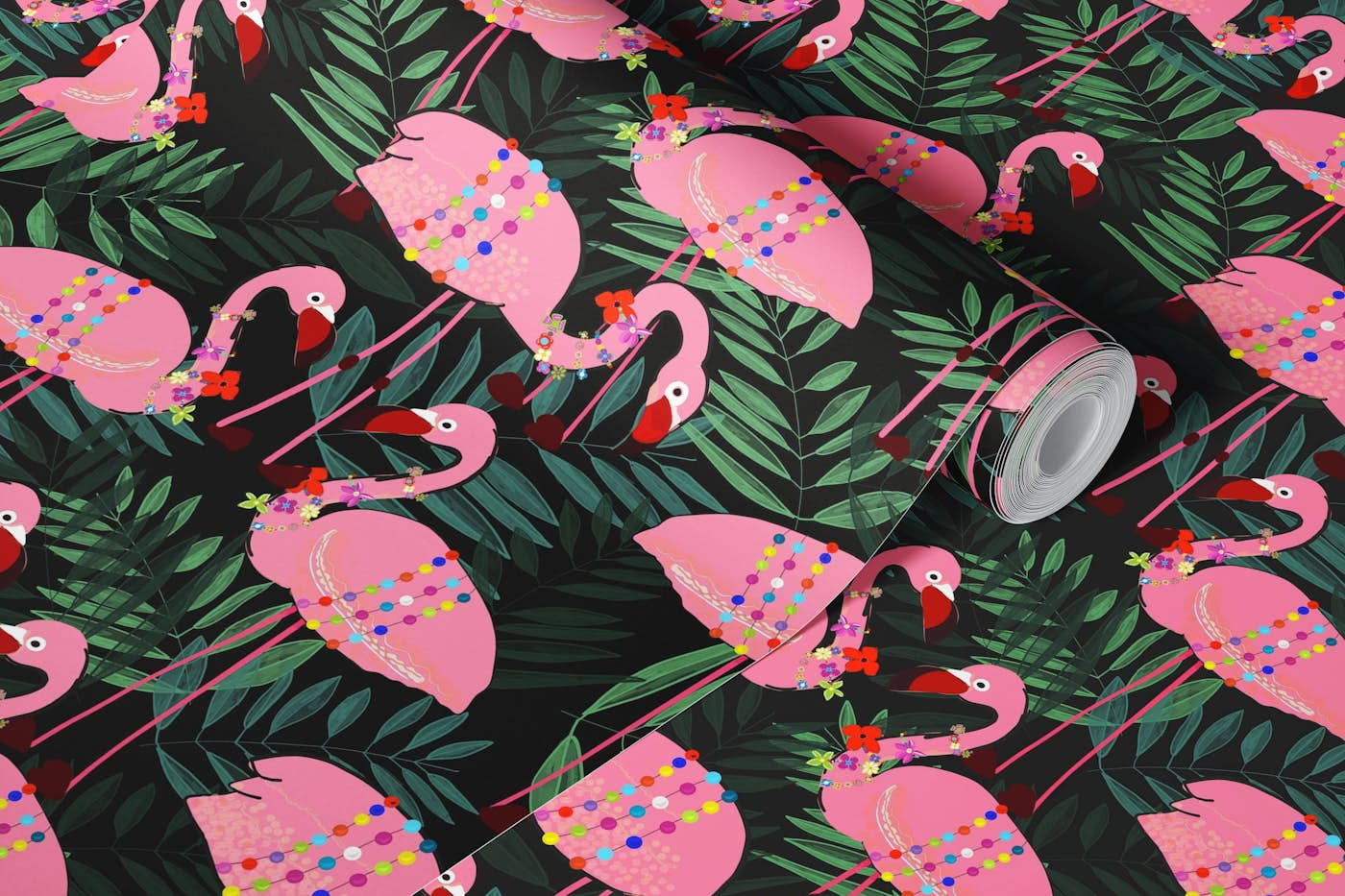 Flamingo with tropical flowers black wallpaper roll