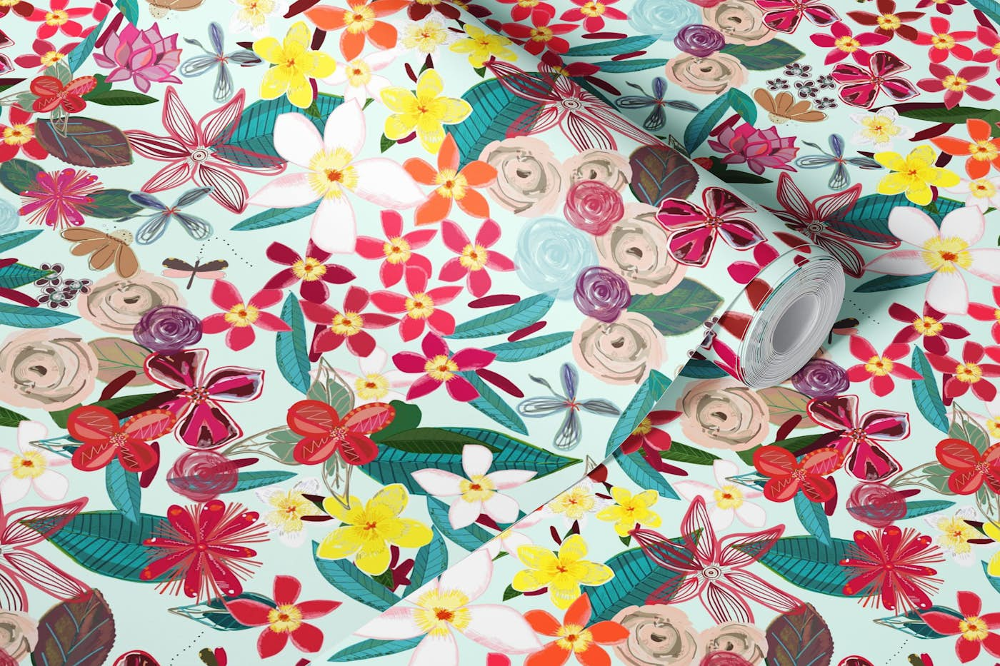 Frangipani tropical green wallpaper roll