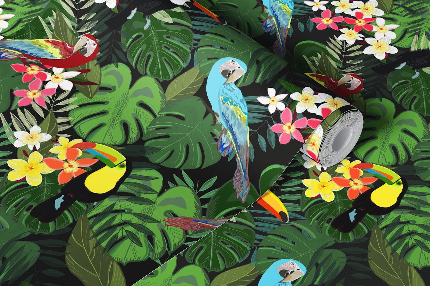 Tropical forest black wallpaper roll