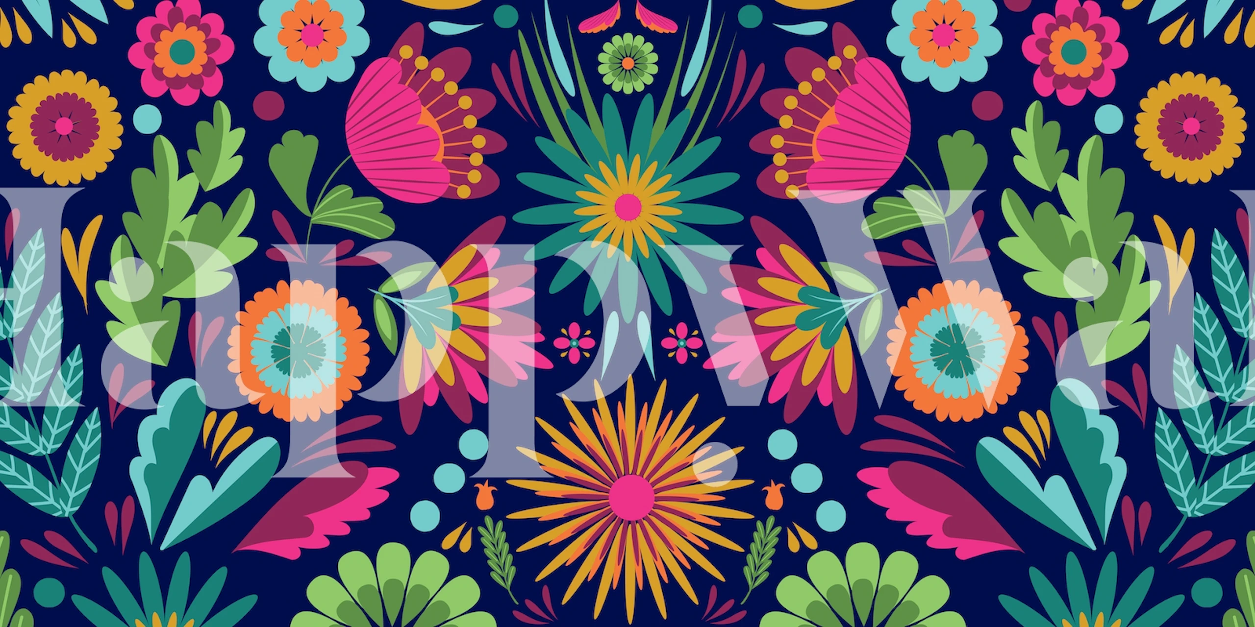 Frida Flowers Blue mural featuring vibrant colors and folk-art-inspired floral designs